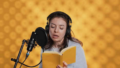 Narrator-wearing-headset-reading-aloud-from-book-into-mic,-studio-background