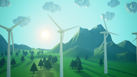 Ecologic-concept.-Sunny-day-in-the-village.-Rural-landscape-with-mountains,-green-trees,-sheep-herd-and-modern-wind-turbines.-The-ecological-machinery-products-renewable,-alternative-energy.