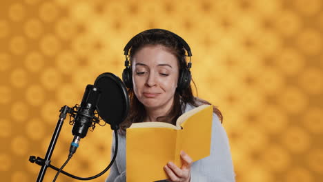 Happy-narrator-wearing-headphones-reading-aloud-from-book-into-mic