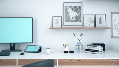 Helles,-Modernes-Home-Office-Mit-Einem-Stilvollen-Holztisch-Mit-Elektronischen-Geräten-Wie-PC,-Notebook,-Smartphone-Und-Tisch-Mit-Leeren-Bildschirmen.-Komfortabler-Arbeitsplatz,-Kreativer-Arbeitsraum.-HD
