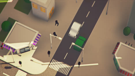 Low-poly-3d-animation-of-the-city-life.-Aerial-view-of-the-cityscape-with-the-electrical-charging-station.-The-electric-car-is-recharging-its-battery-after-the-long-journey.