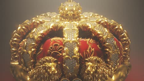 Königliche-Goldene-Vintage-Krone-Mit-Kreuz-Und-Löwen.-Symbolisiert-Monarchie,-Königreich,-Hoheit-Und-Autorität.-Viele-Kleine-Diamanten-Und-Edelsteine-Sind-Wunderschön-Platziert.-Nahaufnahme.