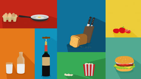 Cartoon-Animation-Im-Flachen-Stil-Einer-Lebensmittelcollage:-Weinflasche-öffnen,-Brot-Schneiden,-Milch-Einschenken,-Eier-Braten,-Tomaten,-Popcorn,-Hamburger-Auf-Mehrfarbigen-Hintergründen.