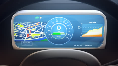 Animation-with-the-interior-of-the-electric-car-dashboard-during-charging-on-the-station.--Screen-panel-displays-GPS-navigation-map-and-actual-charging-status.-Battery-capacity-is-growing.