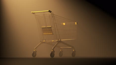 One-empty,-metal-shopping-cart-in-a-dark-dusty-scene-illuminated-by-strong,-bright-light-beam.-Market-cart-as-a-symbol-of-consumerism-in-modern-society.-Lack-of-money,-lack-of-goods.
