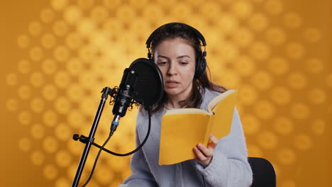 Woman-doing-voiceover-reading-of-book-to-produce-audiobook,-studio-background