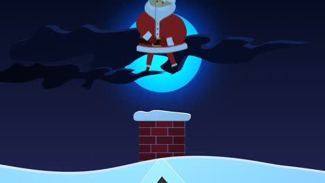 Happy-holidays!-Snow-is-falling-on-winter,-Christmas-landscape.-Santa-Claus-is-standing-on-the-roof-in-front-of-bright,-full-moon-and-getting-ready-to-go-down-the-chimney.