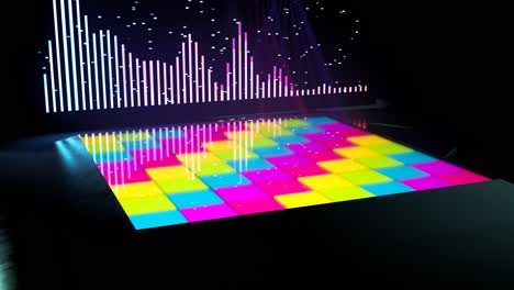 Farbwechselnde-LED-Tanzfläche,-Beleuchtet-Durch-Discolichter.-Isolierte,-Leere-Tanzfläche-Mit-Bunten-Lichtern.-Spiegelkugeln,-Laser,-Schallwellen-Oder-Equalizer-Animation-Für-Party--Oder-Konzertveranstaltungen.