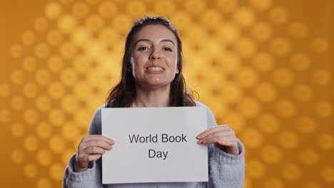 Smiling-book-club-member-holding-placard-with-world-book-day-message