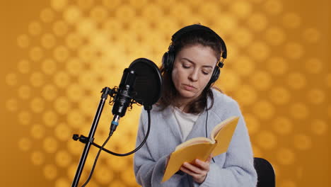 Lady-browsing-pages,-doing-voiceover-reading-of-book-to-produce-audiobook