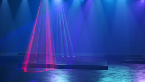 Multiple,-colorful-disco-lights-illuminating-an-empty-scene-in-a-dark-interior.-Club-music-and-abstract-bright-lasers-before-fun-party.-Foggy-indoors,-moody-atmosphere.