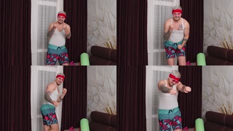 Multi-screen-shot-of-sportsman-guy-in-funny-clothes-dancing-at-home,-man-making-sport-exercises