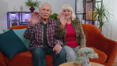 Senior-old-man-woman-smiling-friendly-at-camera,-waving-hands-gesturing-hello,-hi,-greeting-at-home