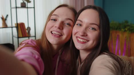 Two-women-friends-siblings-bloggers-at-home,-laughing,-spend-leisure-time-taking-selfie-pictures