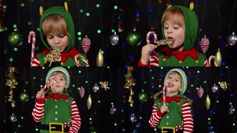 Kind-Mädchen-In-Weihnachten-Elf-Santa-Claus-Helfer-Kostüm-Leckt-Zuckerstange-Lutscher-Karamell-Süßigkeiten