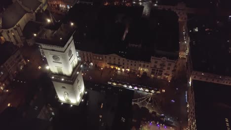 Arial-view-of-city-Lviv,-Ukraine-Rynok-square,-Christmas-Fair,-people-skate-on-ice-skating-rink