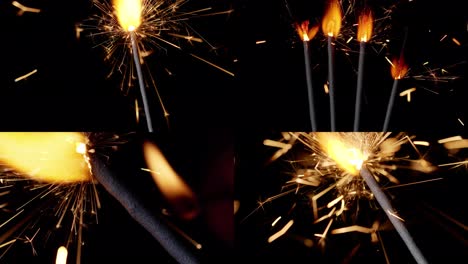 Multi-screen-shot-of-bengal-fire,-New-Year-sparkler-candle,-sparkling-lights-on-black-background