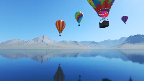 Colorful-hot-air-balloons-flying-over-the-lake-surrounded-by-mountains.-Four-large-multi-colored-balloons-slowly-rising-against-blue-sky.-Reflection-on-the-clear-water.-Travel,-adventure,-festival.
