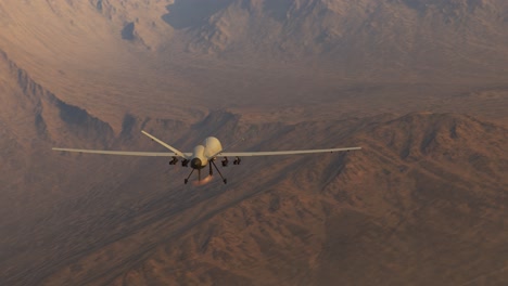 Advanced-technology,-armed,-military-predator-drone-flying-over-desert-and-mountains,-spying-and-providing-surveillance.-Camera-is-fixed-to-the-unmanned-aircraft-controlled-by-army-intelligence.