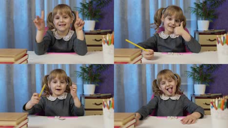 Multi-screen-shot-of-child-girl-looking-at-camera,-studying-homework,-waving-hand,-showing-thumb-up