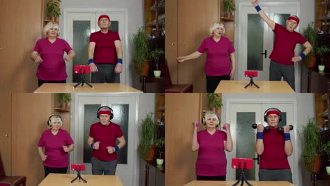 Elderly-man-woman-doing-fitness-exercises-starting-live-stream,-vlog,-blog,-online-distance-course