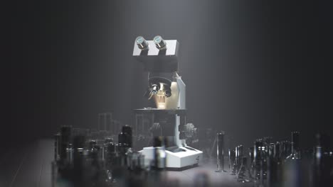 Modern-microscope-standing-in-a-foggy,-moody-laboratory.-Light-rays-pouring-through-a-dense-fog.-Scientific-equipment-lit-by-bright-spotlight.-Camera-heading.-Countless-glassware-pieces-on-a-floor.