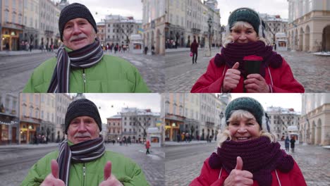 Portrait-of-old-senior-man-tourist-smiling,-looking-at-camera-in-winter-city-center-of-Lviv,-Ukraine