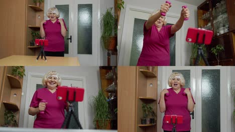Old-senior-grandmother-woman-doing-workout-with-dumbbells,-training,-fitness,-sport-activity-at-home