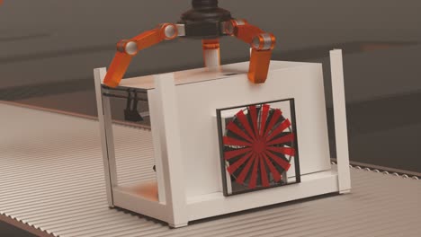 Industrieroboter-Für-Die-Fabrikautomatisierung.-Ein-Prozess-Zum-Konstruieren-Von-3D-Druckern-Auf-Einem-Fließband.-Orange-Roboterarme,-Die-Darauf-Programmiert-Sind,-Teile-Von-Druckern-Aufzunehmen-Und-Zu-Platzieren.-Nahtlose-Schleife.