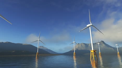 An-offshore-Windmill-farm-in-the-water.-Multiple-wind-turbines-producing-electric-power-using-the-environmental-force-of-wind-with-beautiful-mountains-in-the-background,-and-wavy-water-beneath-them.