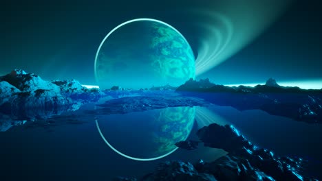 Alien-mystery-planet-reflection-in-big-sea-or-lake-surrounded-by-mountain-landscape.-Fantasy-alien-view-with-moon-like-unfamiliar-celestial-object-reflecting-over-water-covered-in-hazy-fog.