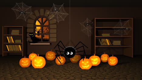 Halloween-in-a-dark,-creepy-witch-house.-The-room-is-full-of-scary-jack-o-lanterns,-old-books,-and-many-spooky-animals-like-cats-and-mice.-Evil,-dark-spider-is-hanging-on-a-web.