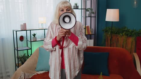 Senior-old-grandmother-scream-in-megaphone-loudspeaker-announces-discounts-real-estate-sale-Hurry-up