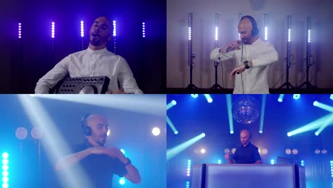Live-DJ-performance-of-energetic-bald-man-with-headphones,-dancing-on-party-concert-musician-stage