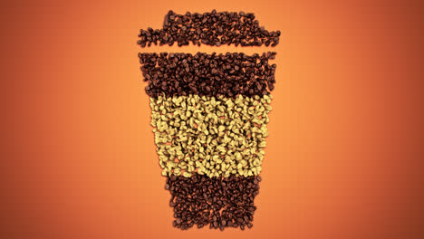 The-delicious-concept-of-the-roasted-heap-of-coffee-beans.-Close-up-on-the-fresh,-brown-grains-that-are-creating-a-silhouette-of-the-coffee-cup-with-foam-on-the-white-background.