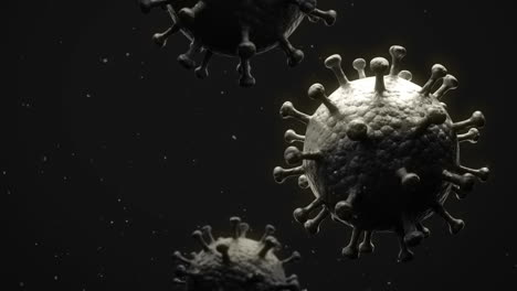 Virus-Covid-19-Flotando-Y-Moviéndose-Sobre-Fondo-Negro.-Animación-De-Células-Virales-Microscópicas-Del-Virus-Corona-3d.