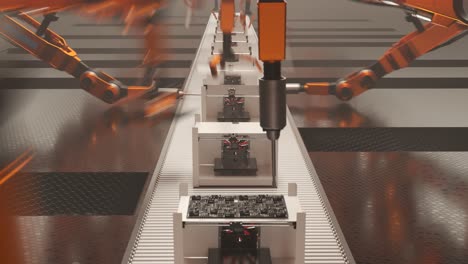 Industrieroboter-Für-Die-Fabrikautomatisierung.-Ein-Prozess-Zum-Konstruieren-Von-3D-Druckern-Auf-Einem-Fließband.-Orange-Roboterarme,-Die-Darauf-Programmiert-Sind,-Teile-Von-Druckern-Aufzunehmen-Und-Zu-Platzieren.-Nahtlose-Schleife.