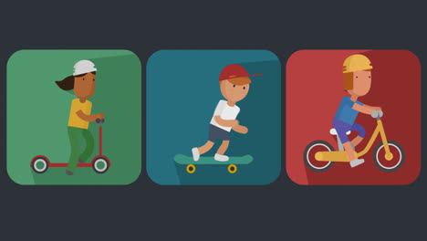 Cartoon-flat-animation-of-physical-exercises.-The-happy-children-are-spending-time-actively.-The-girls-are-riding-on-a-scooter-and-a-bike-and-boy-is-riding-on-the-skateboard