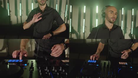 Live-DJ-Auftritt-Eines-Energiegeladenen-Kahlen-Mannes-Mit-Kopfhörern,-Der-Auf-Der-Bühne-Eines-Partykonzertmusikers-Tanzt