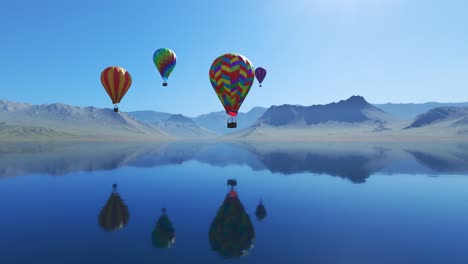 Bunte-Heißluftballons-Fliegen-über-Den-Von-Bergen-Umgebenen-See.-Vier-Große,-Bunte-Ballons-Steigen-Langsam-Vor-Dem-Blauen-Himmel-Auf.-Spiegelung-Auf-Dem-Klaren-Wasser.-Reisen,-Abenteuer,-Festival.