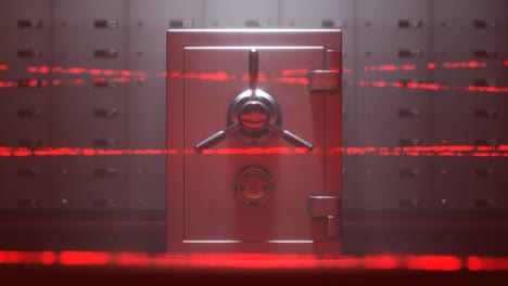 Close-mechanical-dial-combination-safe-standing-in-front-of-safe-deposit-boxes-wall.-Beams-of-red,-transparent,-moving-laser-protecting-security-system.-Concept-of-security,-wealth,-finance,-trust.