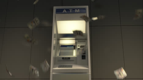 The-financial-and-business-concept.-The-ATM-machine-used-to-withdraw-money.-The-customer-put-a-plastic-card-in-a-reader-and-enter-the-pin.-Money-burst-out-of-the-slot-and-falling-down-to-the-floor.