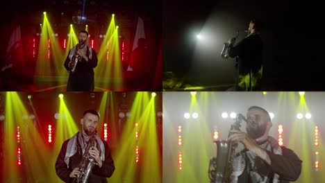 Live-performance-of-saxophonist-man-with-saxophone,-dancing-on-concert-musician-stage-with-lights