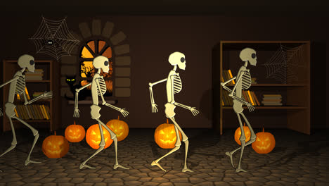 Group-of-human-skeletons-walking-with-pumpkins-in-their-hands-in-a-dark,-creepy-house.-The-room-is-full-of-scary-jack-o-lanterns,-old-books-in-shelves-and-many-spooky-animals-like-spiders-and-mice.