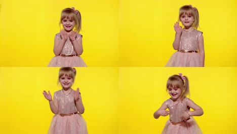 Friendly-little-blonde-child-kid-girl-waving-to-the-camera-doing-hello-or-bye-gesture,-slow-motion