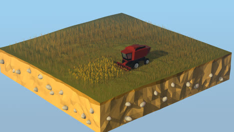 Low-poly-animation.-Sunny-summer-day-in-the-countryside.-The-field-is-full-of-growing-crops-waiting-for-harvest.-A-red-combine-harvester-is-working-on-the-plantation-gathering-crops.