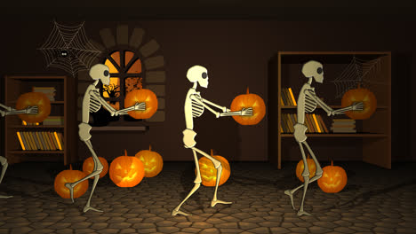Group-of-human-skeletons-walking-with-pumpkins-in-their-hands-in-a-dark,-creepy-house.-The-room-is-full-of-scary-jack-o-lanterns,-old-books-in-shelves-and-many-spooky-animals-like-spiders-and-mice.