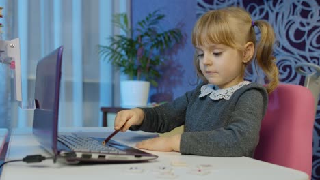 Child-girl-calling-to-teacher-on-laptop,-distance-education-learning-at-home-on-coronavirus-lockdown