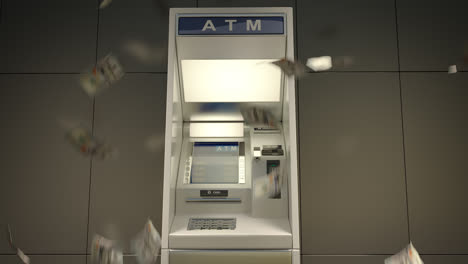 The-financial-and-business-concept.-The-ATM-machine-used-to-withdraw-money.-The-customer-put-a-plastic-card-in-a-reader-and-enter-the-pin.-Money-burst-out-of-the-slot-and-falling-down-to-the-floor.