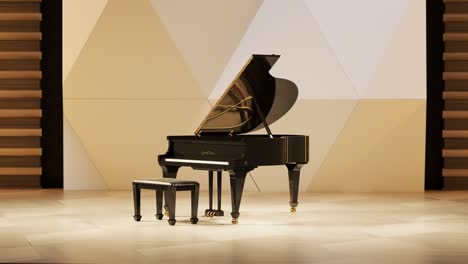 Luxurious-grand-piano-standing-on-a-stage-in-a-big-contemporary,-modern-concert-hall.-Perfect-black-glossy-paint-shines-in-stage-lights.-Classical-instrument-ready-for-talented-musicians-performance.